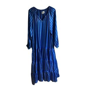 Printfresh Blue Striped Tiered Maxi Dress Size L Belted Long Sleeves Clowncore